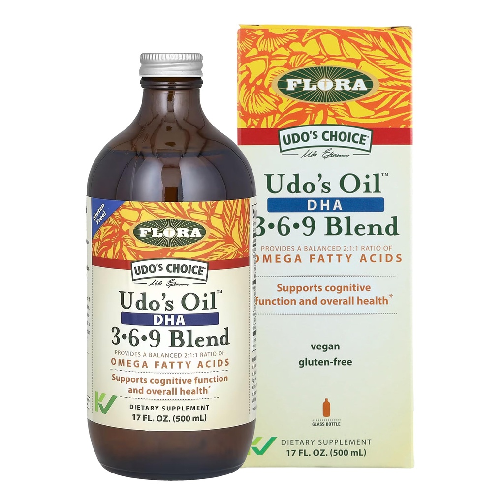 Flora - Udo's Oil DHA 3-6-9 Blend - Kasvissyöjä Eye & Brain Health Supplement - Omega-3 & Omega-6 - Sisältää auringonkukka- ja pellavasiemenöljyä - Kosher & Luomu - Pidä kylmänä - 17 fl. oz.