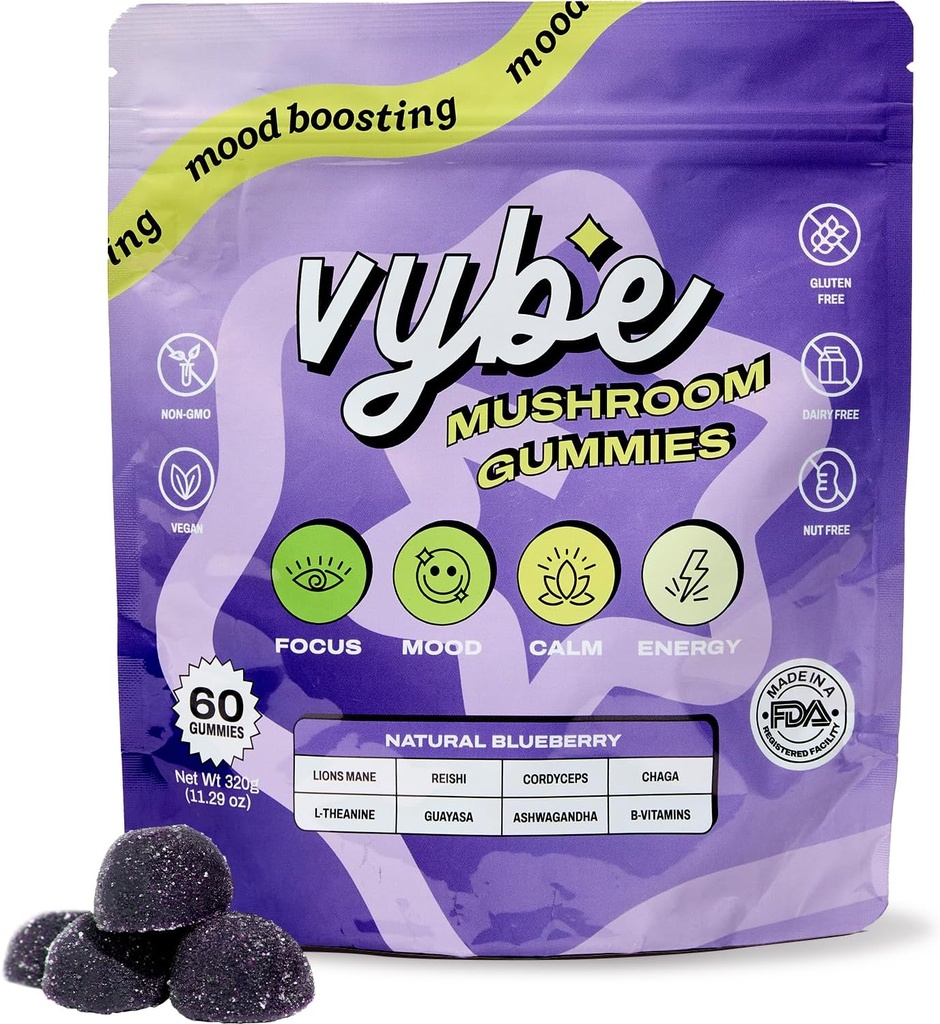 Vybe Daily Nootropic Gummies - 8-i-1 Mushroom & Adaptogen Brain Supplement för fokus, energi och humör med Lion's Mane, Cordyceps, Reishi, Chaga, Ashwagandha (Blueberry, 60-Count)