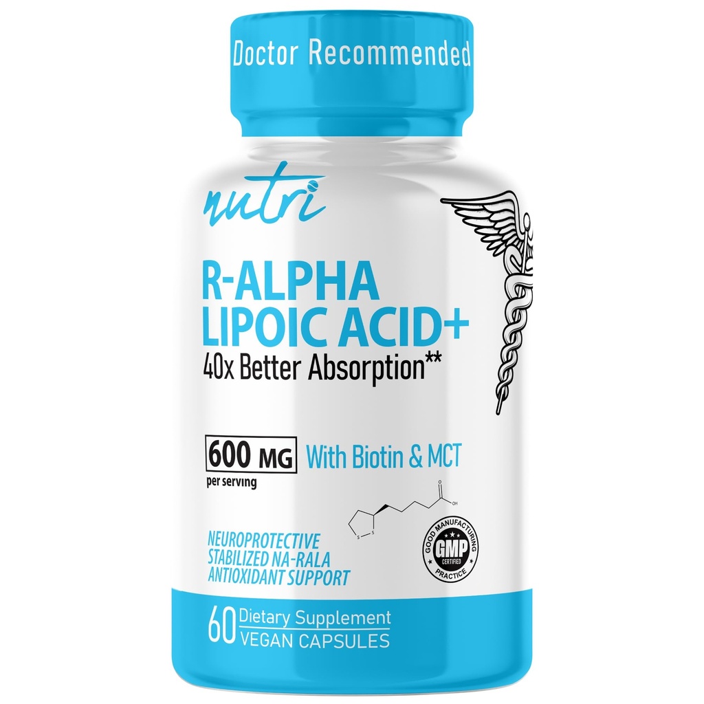 Nutri R Alpha Lipoic Acid 600 mg kapselit - R Lipoic Acid Stabilized with Biotin - Aktiivinen muoto R-ALA - 600 mg Kliininen annostus - Tehokas solun energiatuki - 60 Vegaanikapselit - RALA