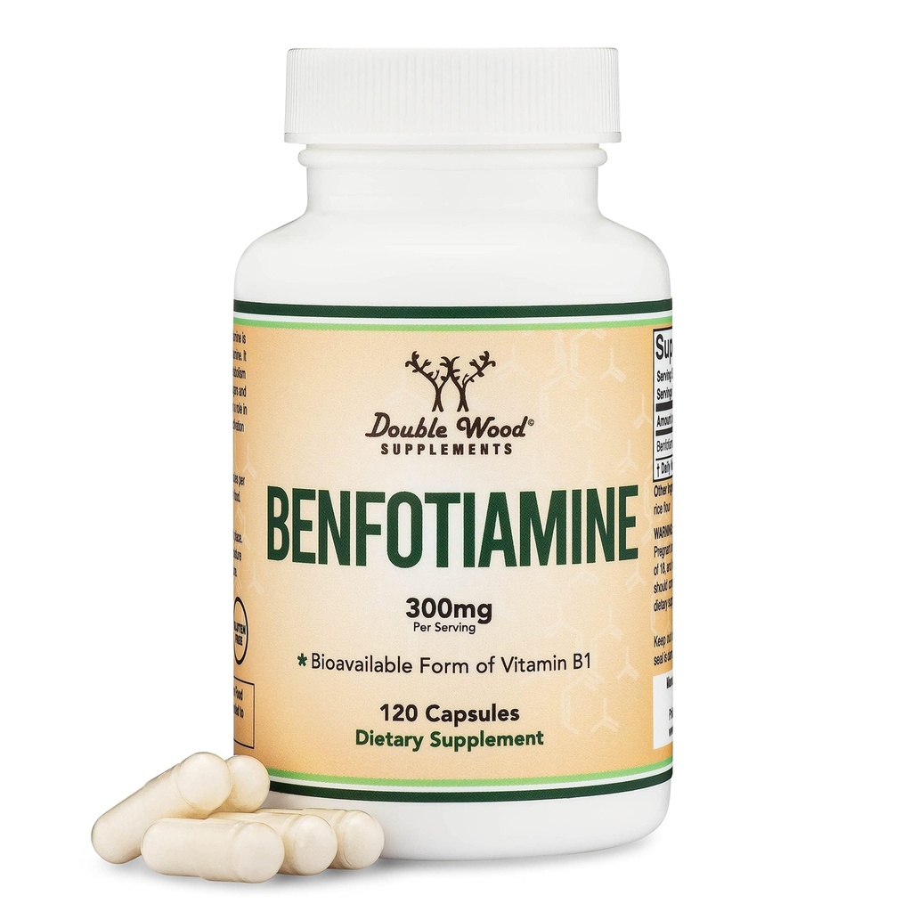 Benfotiamine 300mg portioner (tredje part testad, 120 kapslar, 150mg per cap) icke-GMO, för att öka tiamin B1 nivåer (mer absorbable än tiamin, fettlöslig) av Double Wood