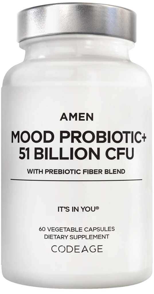 Aamen Mood Probiotic Supplement 51 miljardia PMY - Organic Prebiotics and Probiotics - Acidophilus Probiotic Pills, Fibers - Mood Organic Ashwagandha, Mustikat - Vegan & non-GMO - 60 kapselia