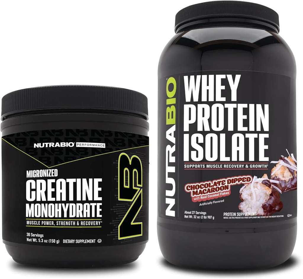 NutraBio Creatiini Monohydraatti, makuamaton, 150g ja Whey Protein Isolate, Chocolate Dipped Macaroon, täydennysosa Bundle - Lihasenergia, Lean lihasten kasvu, elpyminen, ja vahvuus