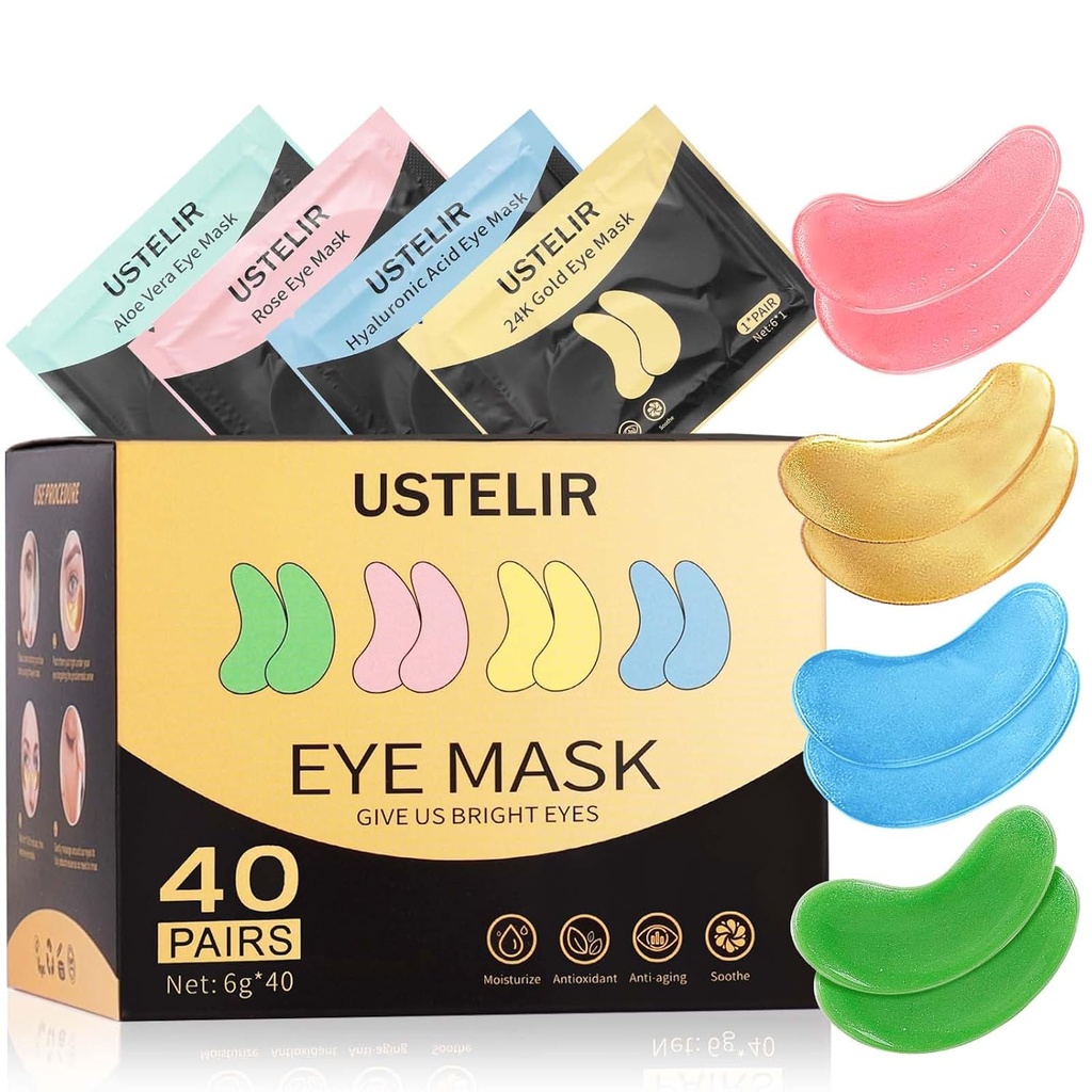 Silmälappujen alla, 40 paria silmänaamari tummille piirroksille, Puffy silmät, alasilmäpussit, ryppyiset rypyt, silmänaamarit 24K-kullalla, hyaluronihapolla, Rose & Aloe Veralla, silmien hoito miehille ja naisille