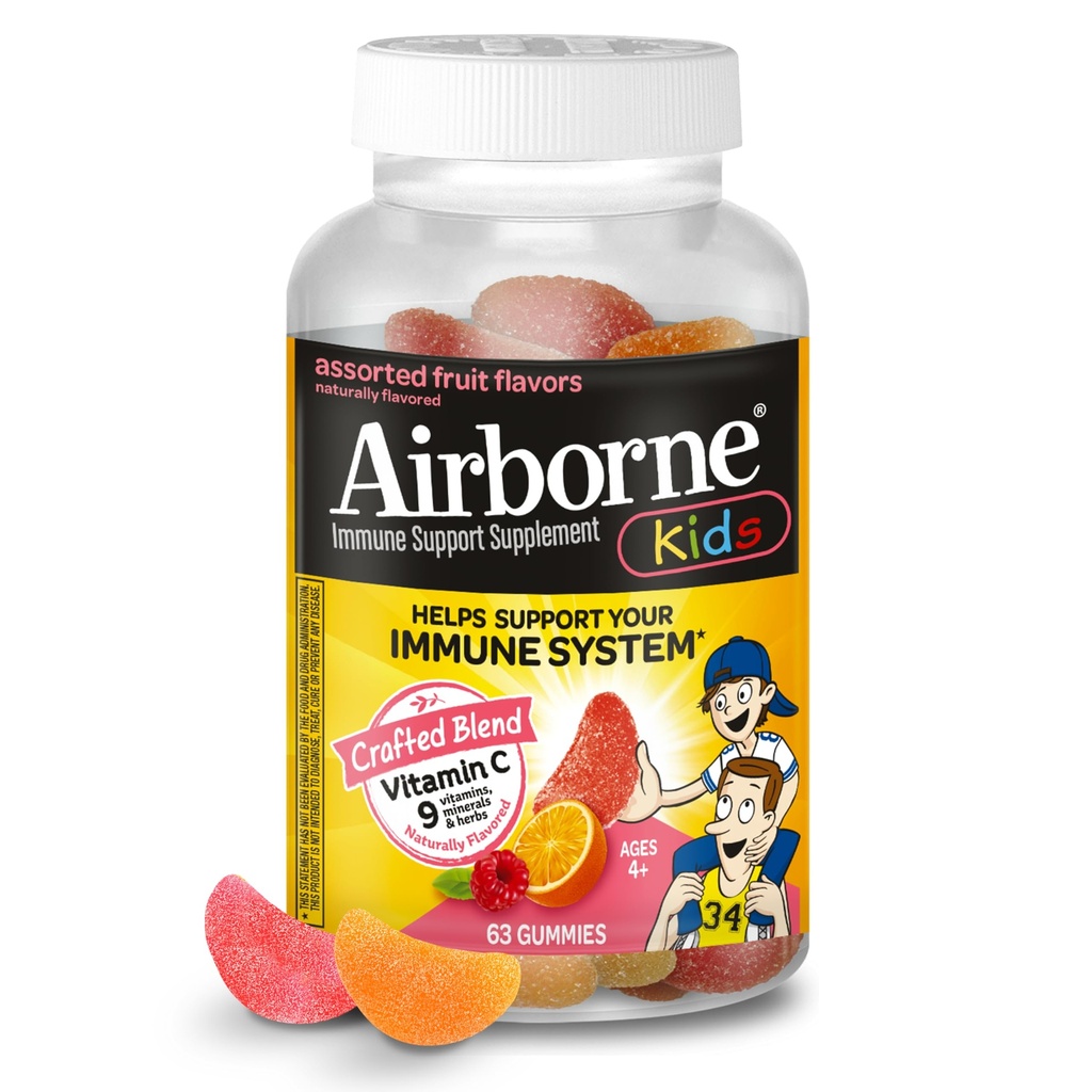 Airborne C-vitamiini 500 mg (per tarjoilu) - valikoituja hedelmiä maku lapsille Gummies (63 Laske pullo), gluteeniton immuuni tuki täydentää vitamiineja C E, Selenium