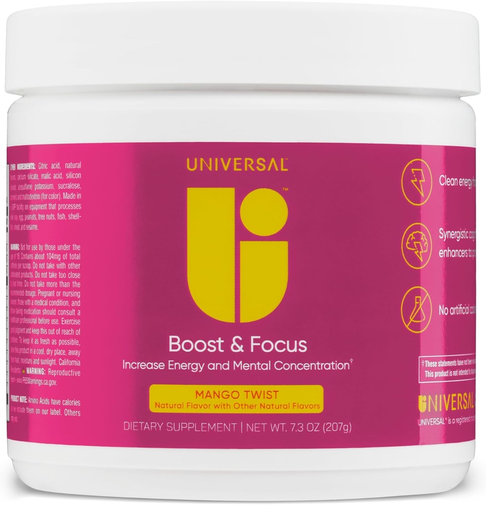 Universal U Boost & Focus Powder, lisätä energiaa ja kognitiivista suorituskykyä, Pre harjoitus, Custom Dosing, VIT B12, Niacin, Choline, L-tyrosiini, Ei tekomakuja, 30 tarjoilua (Mango Twist)