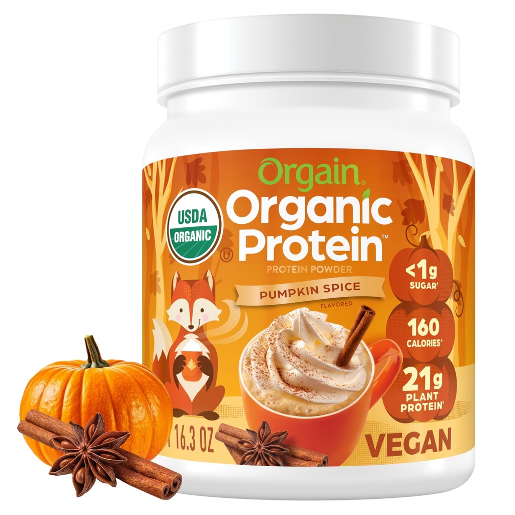 Orgain Organic Vegan Protein Powder, Pumpkin Spice Seasonal Flavor - 21g av växtprotein, 5g Prebiotic Fiber, No Lactose Ingredients, No Added Sugar, Non-GMO, För Shakes & Smoothies, 1,02 lb