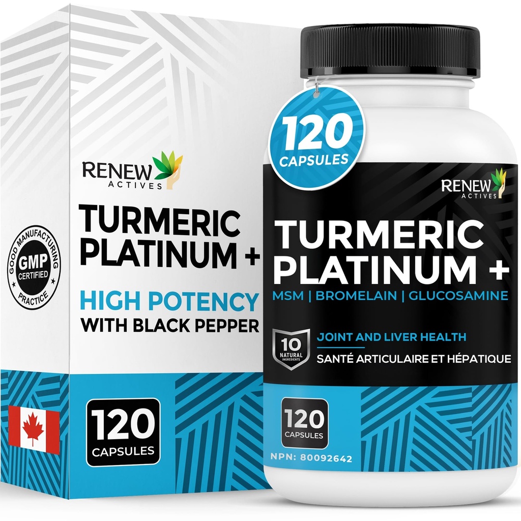 Renew Actives Turmeric Platinum 1350MG per 3 kapslar med Black Pepper & Ginger - Antioxidant, Liver & Digestive Support - Reducerar inflammation och ökar immunitet - Made in Canada - 120 kapslar