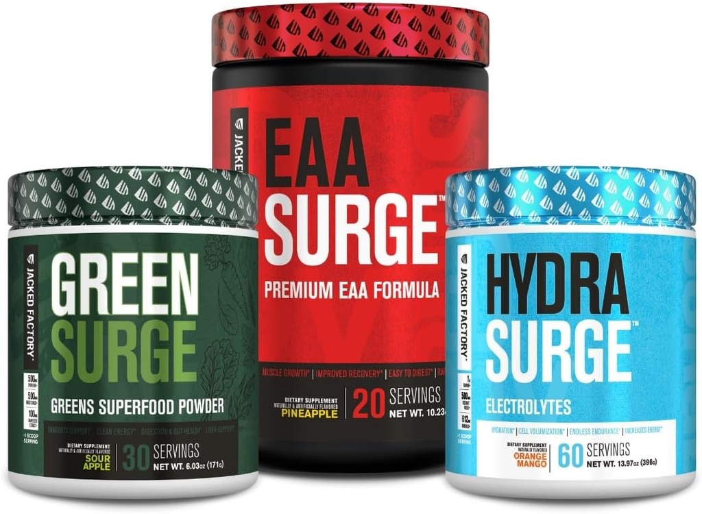 Jacked Factory Green Surge Green Superfood Powder, Hydrasurge Electrolyte Hydration Supplement, EAA Surge EAA Superfood Supplement