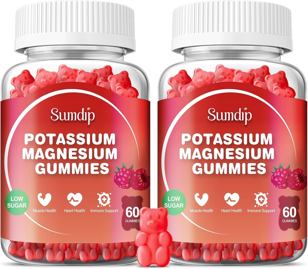 Magnesium Kalium Gummies, lihas- ja sydänterveys, jalkakramppeja ja uni, kaliumlisät Vegaani gluteeniton gluteeni 60 Gummie-2 pakkaus, vadelma