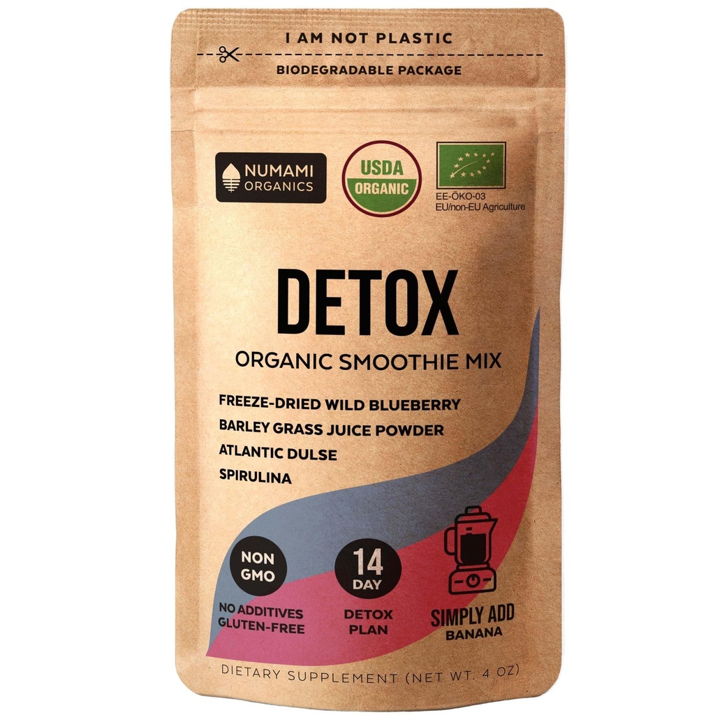 Numami Organic Detox Blueberry Smoothie Powder med hälsosam Spirulina, Atlantic Dulse och Barley Grass Juice Powder, Premium kvalitet superfood från Europa