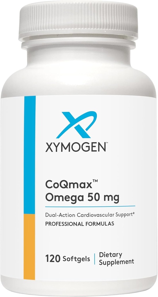 XYMOGEN CoQmax Omega 50 mg - CoQ10 + Fish Oil Omega 3 Supplement - Dual-Action Heart Health Support - Coenzyme q10 + Specialiserad fiskolja för 3X Greater Absorption av EPA DHA (120 Softgels)