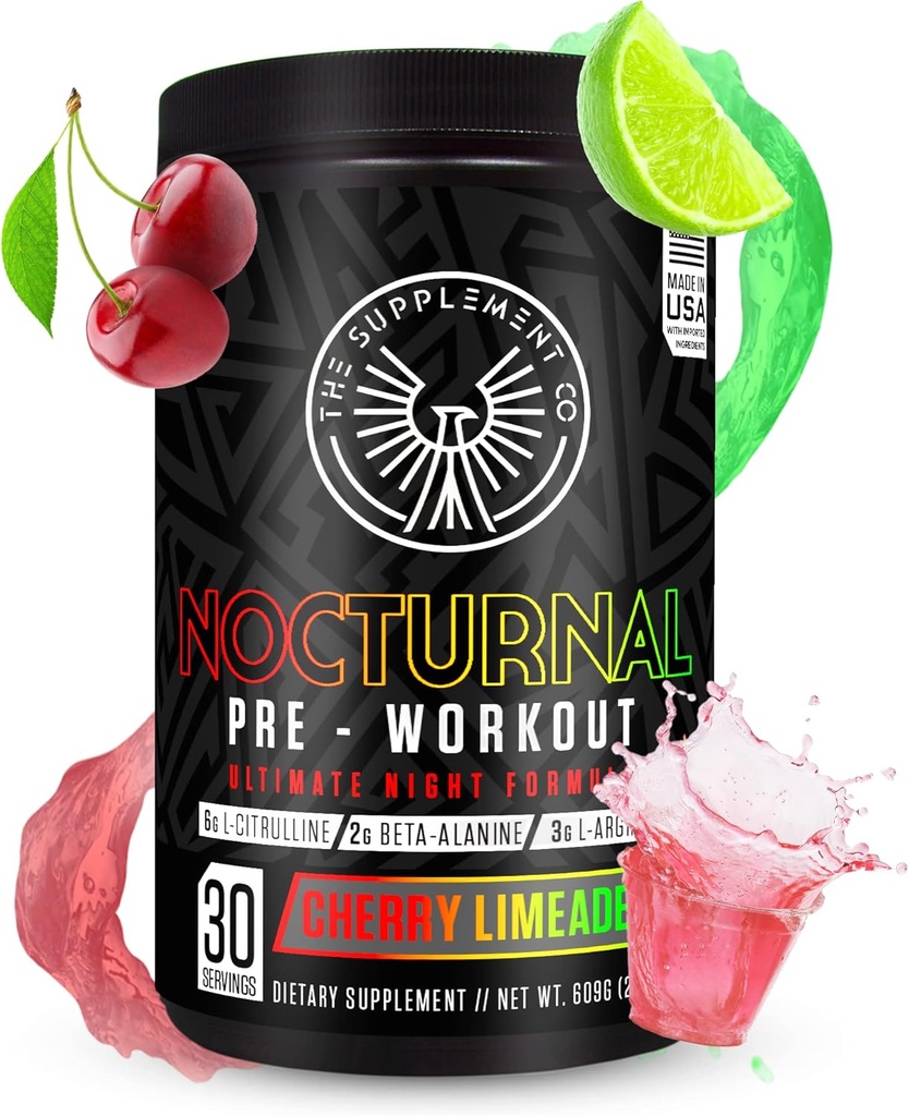 Nocturnal Pre workout - Ei kofeiini Night Time Preworkout miesten & naisten korkean energian ja massiiviset pumput - Cherry Limeade, 30 Palvelimet