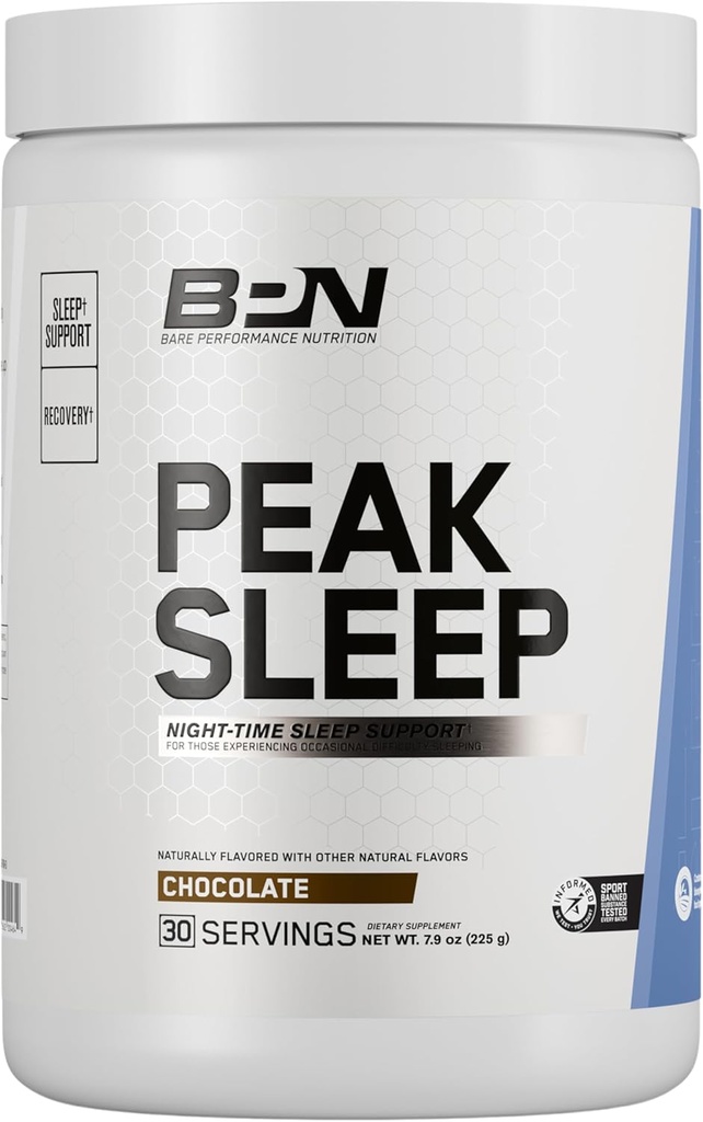 BARE SUORITUSKYVYTYS, BPN Peak Sleep Night-Time Sleep Support Supplement, Hot Drink Mix Powder, 30 tarjoilua, suklaa
