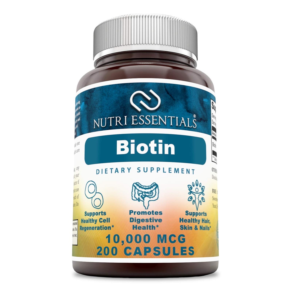 Biotiini 10 000 Mcg 200 kapselia (ei-GMO) - tukee terveitä hiuksia, ihoa ja kynsiä - edistää solujen nuorentamista ja energian tuotantoa