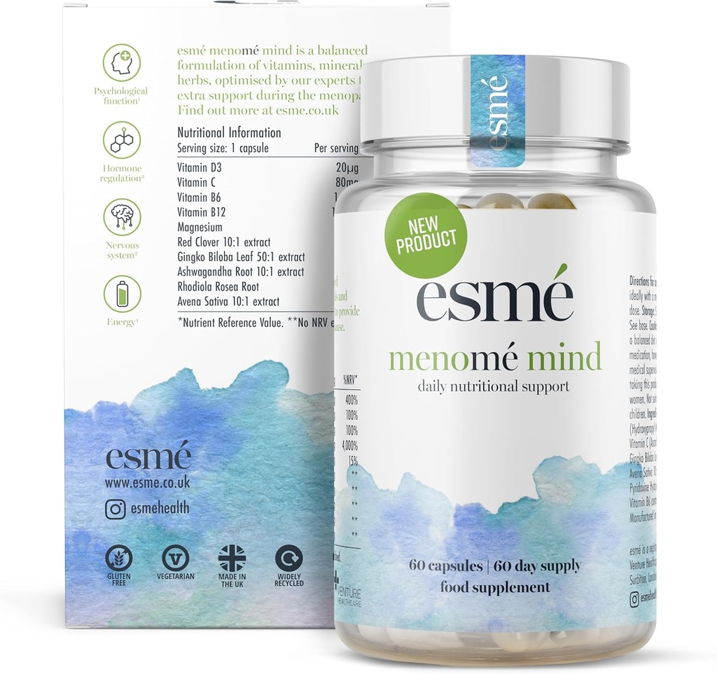 esmé menomé Mind - Daily Nutritional Support ennen, aikana ja jälkeen Menopause . Kahden kuukauden tarjonta 60 kapselia, sisältää ashwagandha ja Gingko biloba