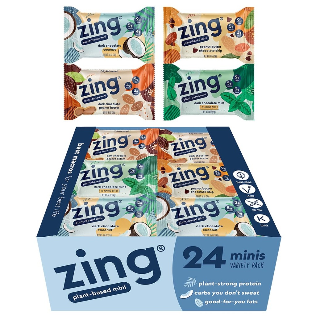 Zing Kids Protein Bars Variety Pack, Gluteeniton 100 Calorie Mini Bars kanssa korkea proteiini, vegaaninen ravitsemus Bars, Dairy Free Plant Based Protein - 24
