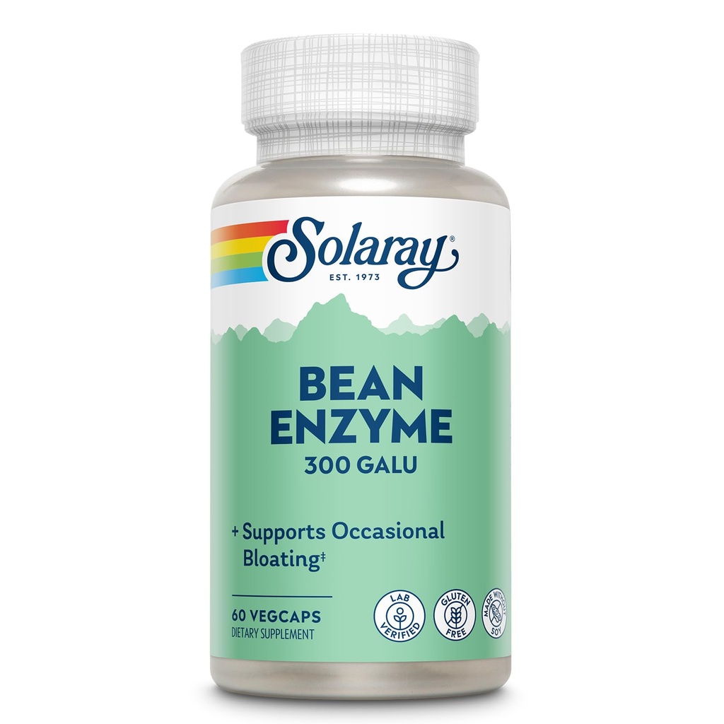 Solaray Bean Enzyme 300 GalU - Alpha Galactosidase Digestive Enzymes for Women and Men - Digestive Health Supplement - Stöder Occasional Bloating and Gas Relief for Adults - 60 Servings, 60 VegCaps