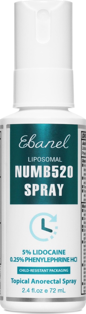 Ebanel 5% Lidocaine Spraysmärtlindring Numb520 Bränn Itch Relief Numbing Spray för hud, aktuellt estetiskt postpartum hemorrhoid behandling med fenylefrin för lokala och anorektala användningar