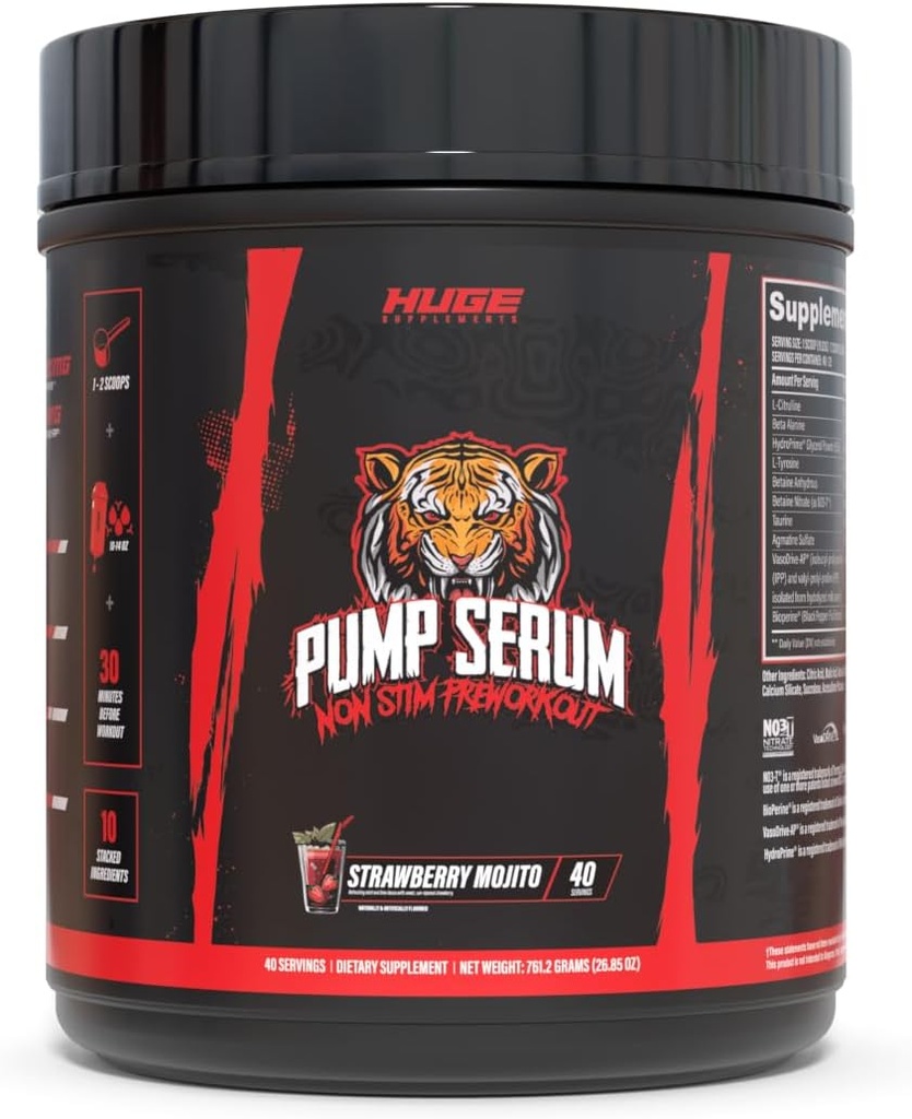 Stora kosttillskott Pump Serum, Stim Free Pre Workout och Nitric Oxide Booster för att förbättra fokus, pumpar, Fulness med ingen koffein, L-Citrulline, GlycerPump, L-Tyrosine, Nitrosigine (Strawberry Mojito)