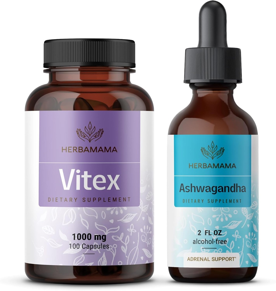 HERBAMAMA Vitex ja Ashwagandha Kit - 1000 mg Vitex Chasteberry -kapselit & Ashwagandha Liquid Drops 2 fl oz - Vegaani, ei-GMO, sokeri ja alkoholiton - 2 pakkaus