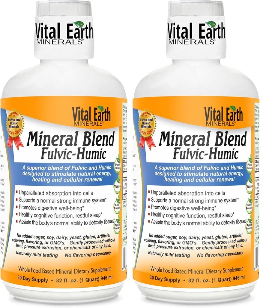 Vital Earth Minerals Fulvic Hummeri Mineral Blend Liquid 2-Pack Fulvic Acid Supplement 70+ Trace Minerals, Electrolyyttejä Recovery, Balance & Energy, 32 Oz Ea + 1 Oz Cup Ea