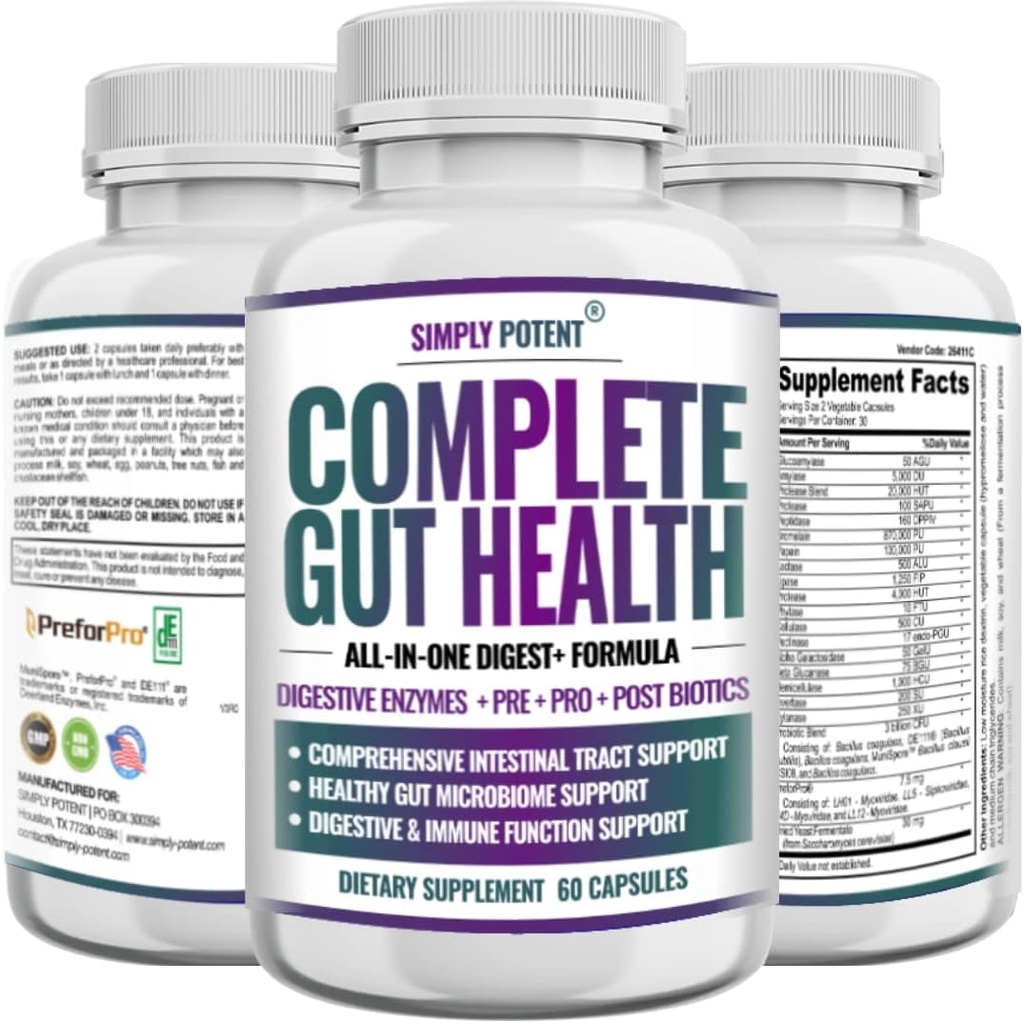 Täydellinen Gut Health, Dgestive Enzymes Plus Prebiootti, Probiootti & Post Biotic Gastrointestinaalinen tuki, tukee Gut Health & Immuunitoiminta, 60 kapselia