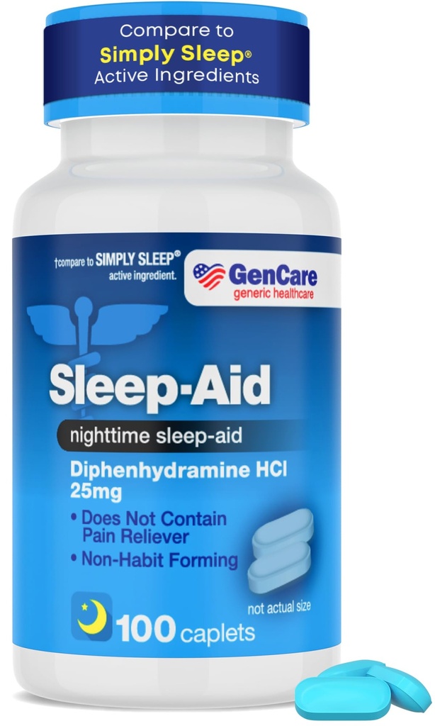 GenCare - Sleep Aid Diphenhydramine HCL 25mg Blue Caps (100 Caplets) - Non Habit Forming Nighttime Sleeping Pills för vuxna att somna snabbare och sova djupare genom natten - Sömnhjälpmedel