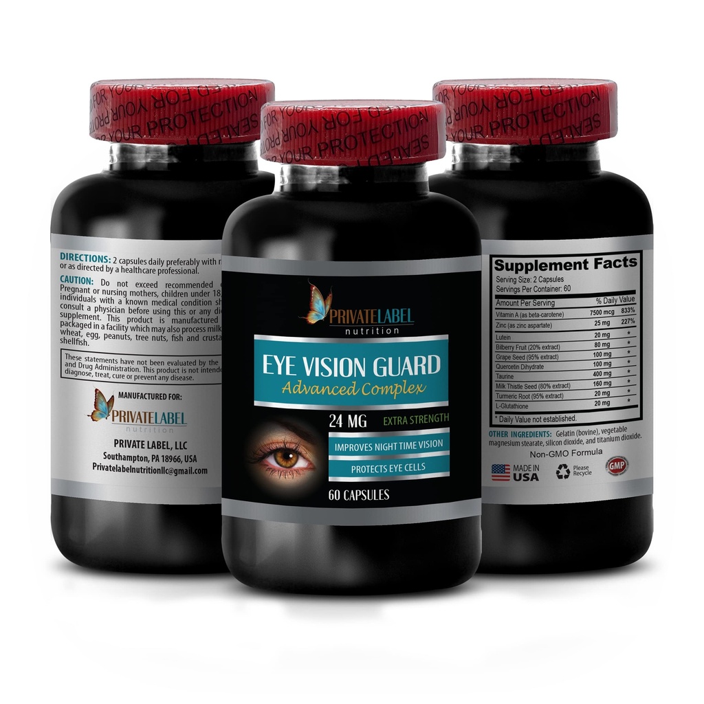 Vision vitamiineja Lutein - Eye Vision Guard 24 MG - Advanced Complex, Eye Vision Support, Lutein lisäravinteet, A-vitamiinia, Turmeerinen uute, Mustikkauute, Tauriini, 1 Bot 60 kapselia