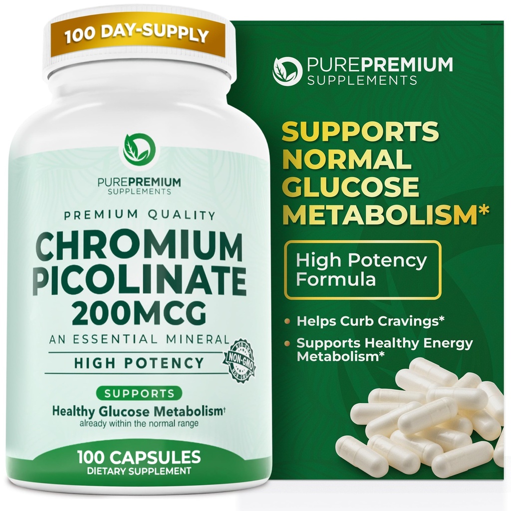 PurePremium Chromium Picolinate 200mcg - High Potency Chromium Supplements - Essential Mineral Health Support för män / kvinnor - Glutenfri - 3 månaders leverans - 100 kapslar