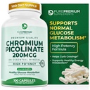 PurePremium Kromi Picolinate 200mcg - Korkeatehoisuus Kromi täydentää - Essential Mineral Health Support for Men/Women - Gluteeniton - 3 kuukauden tarjonta - 100 kapselia