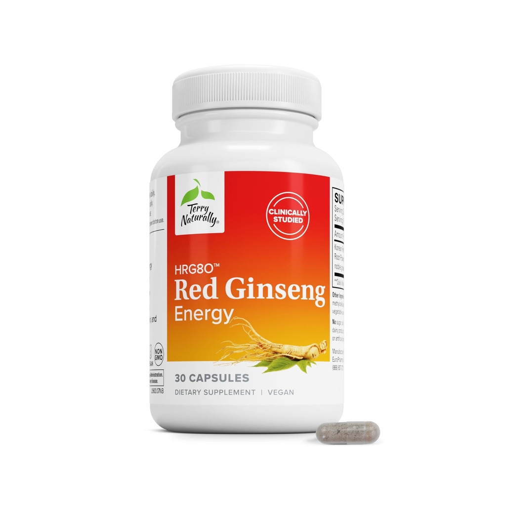 Terry Naturally HRG80 Red Ginseng Energy - Tillägg för att stödja hälsosam energi och fokus - Herbal Supplement med koreanska röda Ginseng Root Powder - Vegan tabletter för att hjälpa hälsosam uthållighet - 30 kapslar