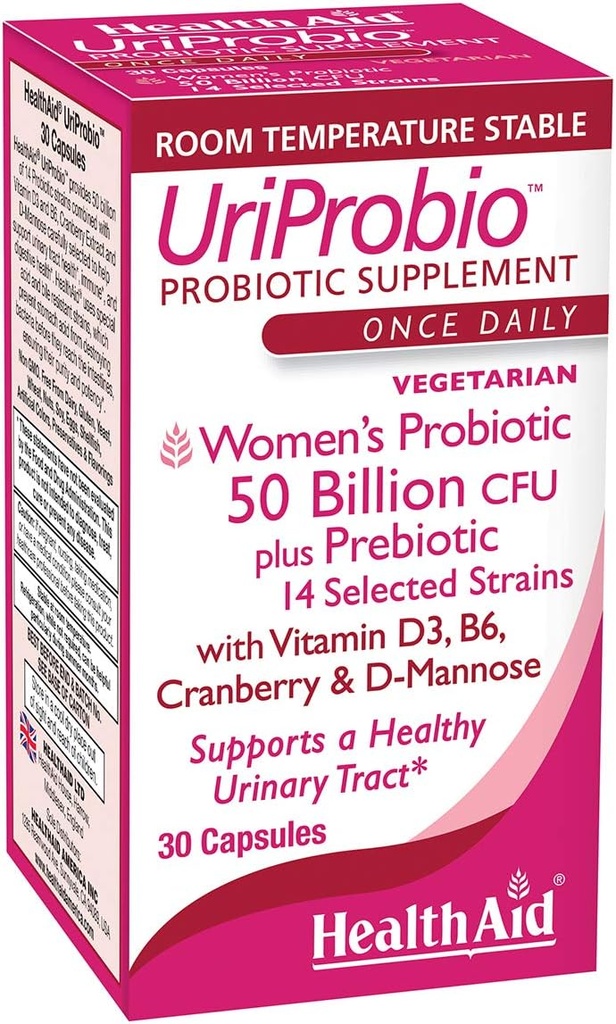 HealthAid UriProbio - 50 miljarder CFU Women's Probiotic med prebiotikum, Cranberry, D-Mannose, Vitamin D3 & B6 | Stöder urinvägar & Digestive Wellness, Acid & Bile Resistant, Vegan