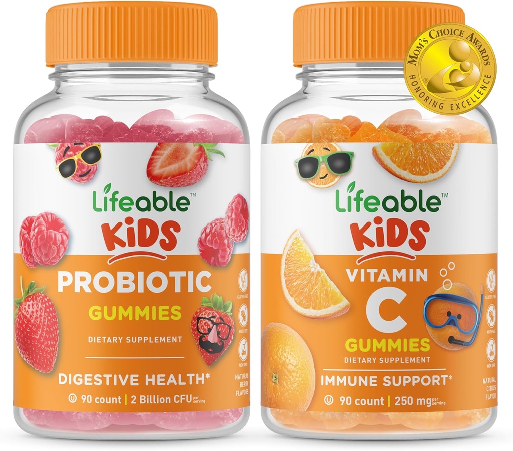 Livliga Probiotiska 2 miljarder CFU Barn + Vitamin C Kids, Gummies Bundle - Great Tasting, Vitamin Supplement, Gluten Free, GMO Free, Chewable Gummy