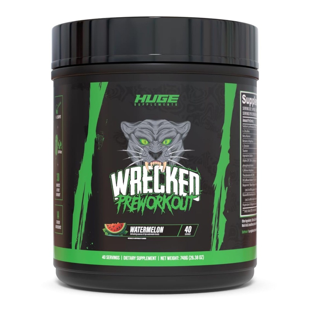 Wrecked Pre Treenout Powder, Advanced Formula, Boosts Energy, Focus, Pumput & Performance, 10g L-Citrulline, 6,4g Beta Alanine, 5g Tyrosine, 1g Alpha GPC, 375mg Nopea-Aktiivinen kofeiini & More (Watermelon)