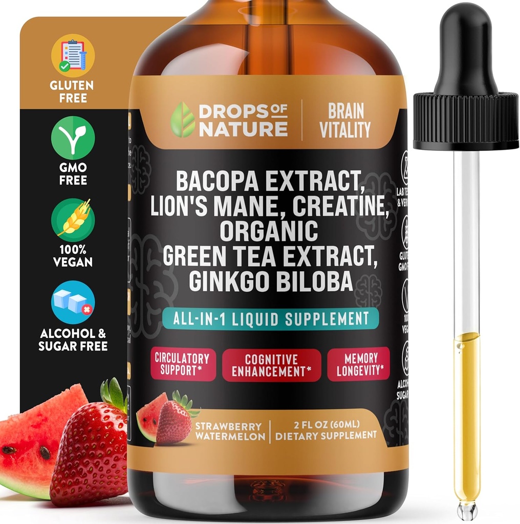 Creatine & Bacopa Liquid Drops with Lion... Mane, Green Tea & Ginkgo Biloba - Nopeampi Absorbing Blend than Gummies & Pills - vegaaninen lisä Focus & Kognition (Strawberry Watermelon, 60ml)