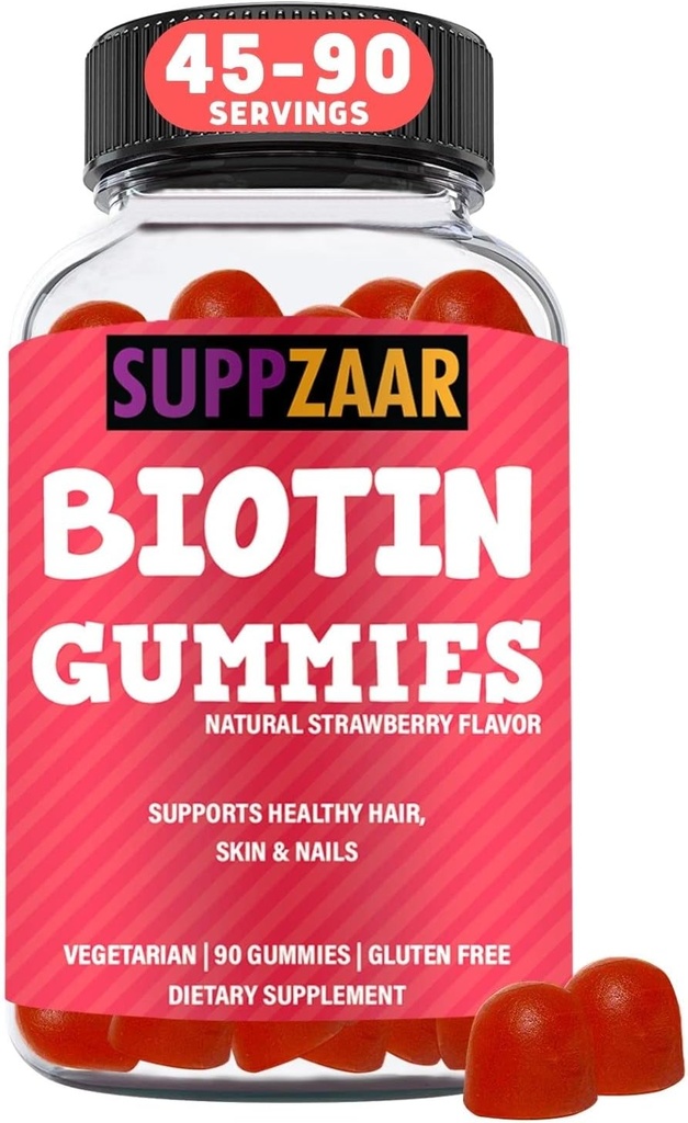 Vegan Biotin Gummies - Vitaminer för hårväxt för kvinnor och män - hår hud och naglar Vitaminer - jordgubbsmak Gummy Vitaminer - Non-GMO, Gelatin & Gluten-Free, 90 Gummies - SUPPZAAR