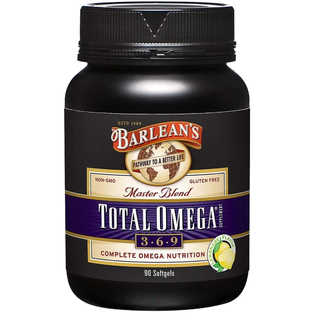 Barlean's Total Omega 3 6 9 Softgels, Blended Fish Oil Supplement with Borage and Pellavaöljy, 1000 mg Omegas ALA, EPA, DHA ja GLA varten yhteinen tuki täydentää ja Heart Health, 90 Count
