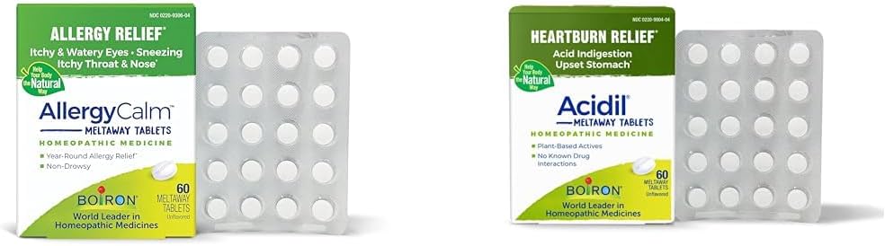Boiron Allergia ja Acid Reflux Reflux Relief Bundle allergiaCalm tabletteja (60 kreivi) ja happamuudensäätöä ja ruoansulatushäiriöitä (60 kreivi)