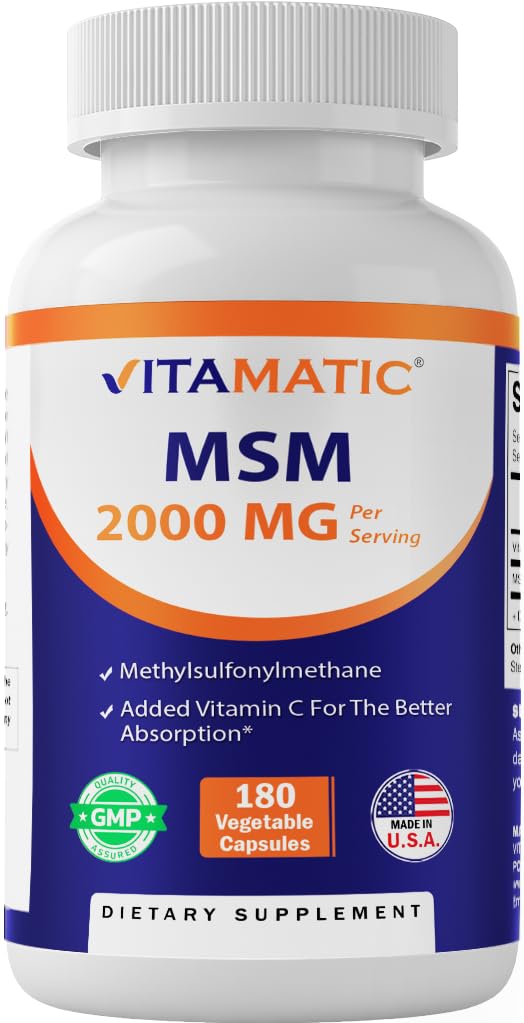 Vitamaattinen MSM 2000 mg, jossa on C-vitamiinia 75 mg/annos - 180 Veg-kapselia - C-vitamiinin apu MSM:n (Metyylisulfonyylimetaani) absopriittisessä - ei-GMO & Gluteeniton