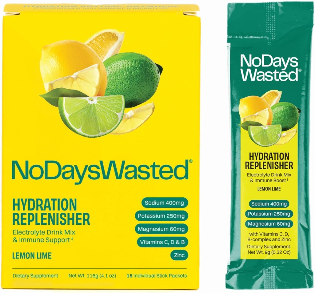 No Days Wasted Hydration Replenisher 15 Count - Electrolyte Powder Drink Mix - Lemon Lime - Natrium och kalium för rehydrering Plus vitaminer för stöd (15 Count)
