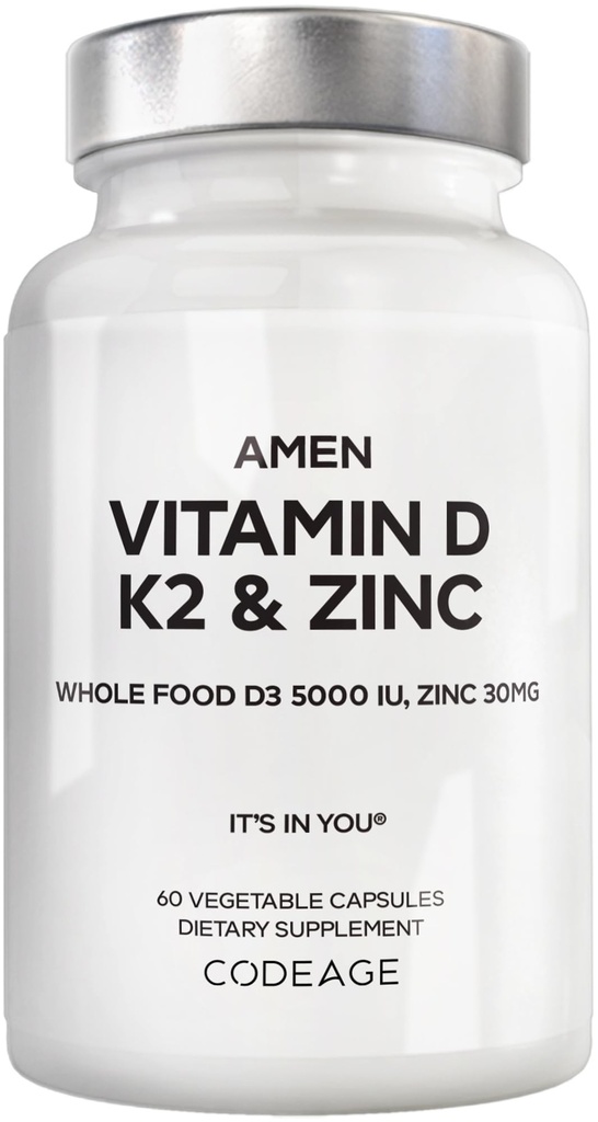Amen Vitamin D, K2 & Zink, Cholecalciferol D3 5000 IE, Organic Whole Food Blend med Apple, Blueberry, Cranberry, Elderberry Powder Fruits, Vegan Supplement, D3 K2 Vitaminer, Non-GMO - 60 kapslar