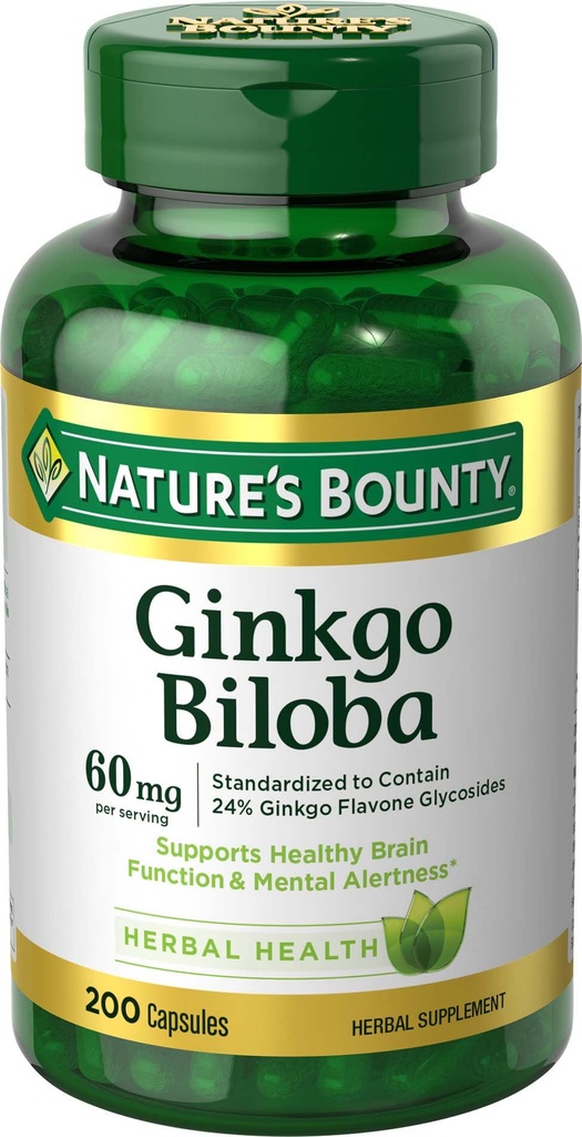 Nature's Bounty Ginkgo Biloba, tukee terveiden aivojen toimintoa, kasviperäisten täydentää, 60 Mg, 200 kapselia