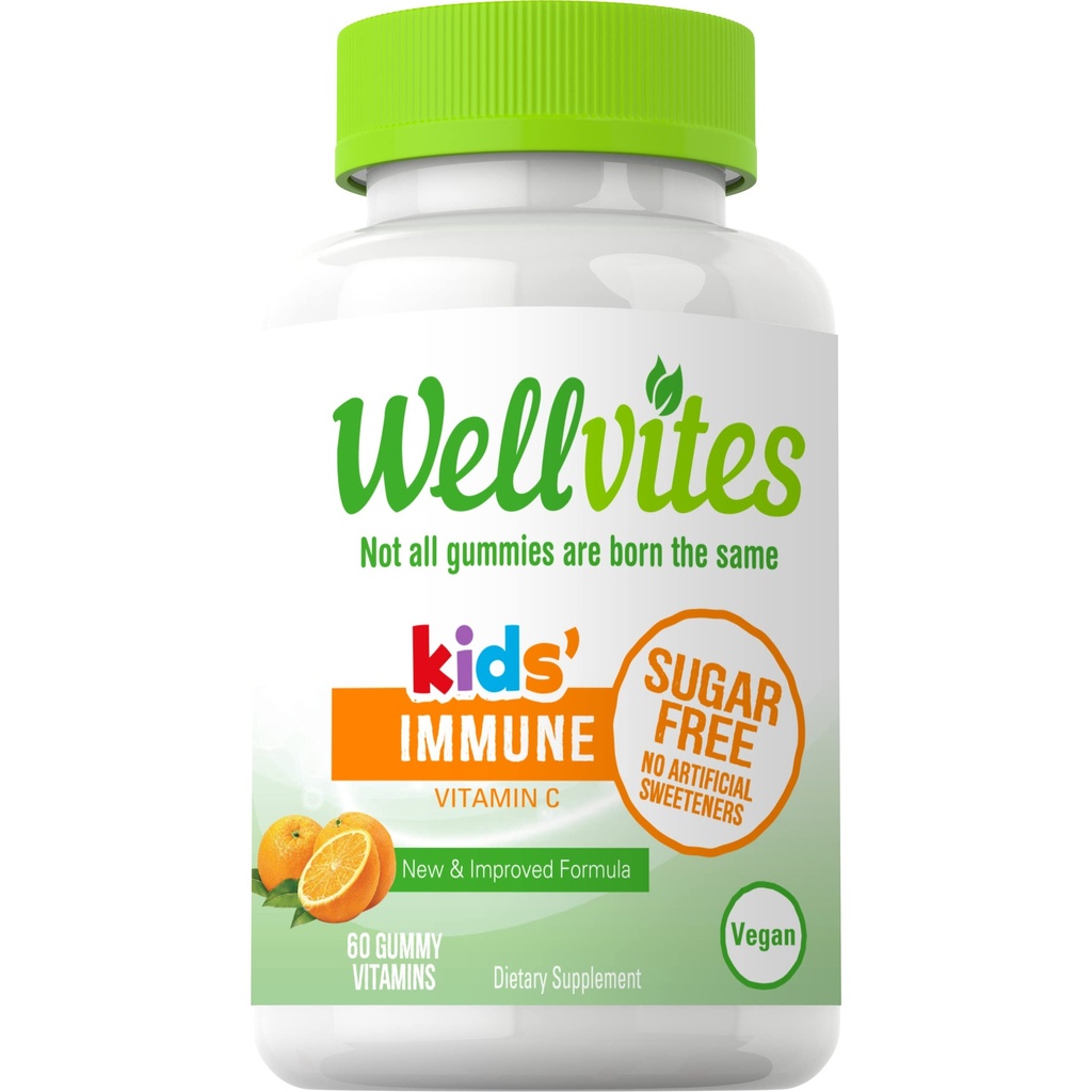 Wellvites Sugar Free Kids Immune Daily Gummy Vitamins - Vegan, Non-GMO - Vitamin C Gummies för barn Immune Support, Inga konstgjorda sötningsmedel, Gluten-Free, Gelatin-Free, 60 Count (30 Day Supply)