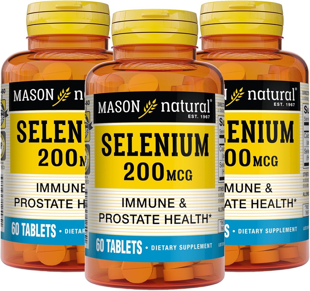 MASON NATURAL Selenium 200 mcg - Antioksidantti täydentää Immuuneja tukea & Eturauhasten terveys, Essential Trace Mineral, 60 tablettia (pakkaus 3)