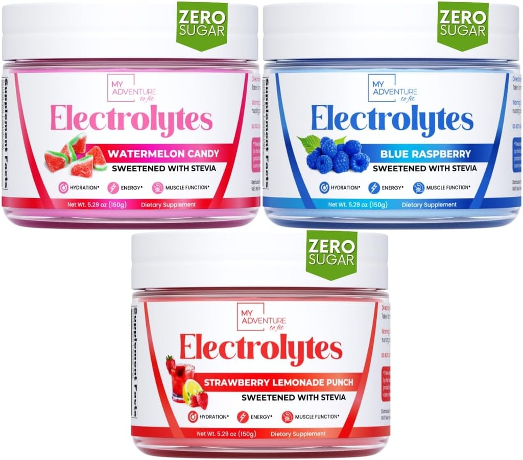 Seikkailuni kunnostaa Hydraation Elektrolyyttejä Powder nollasokeri, Bundle, Blue Vadelma & Watermelon Candy & Mansikka Lemonade makuja