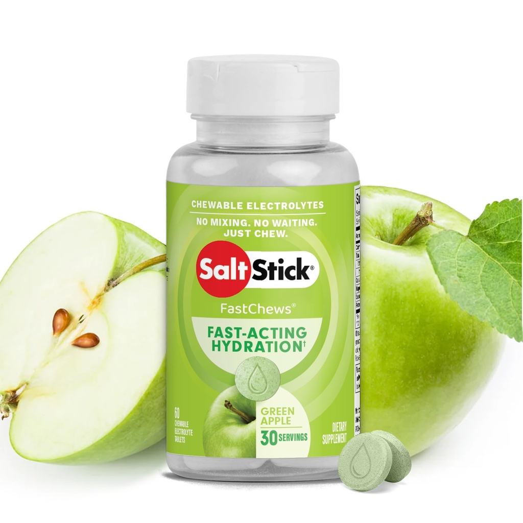 SaltStick Electrolyte FastChews - 60 gröna Apple Chewable Electrolytes - Salt tabletter för körning och hydrering, Electrolyte Chews - 60 greve