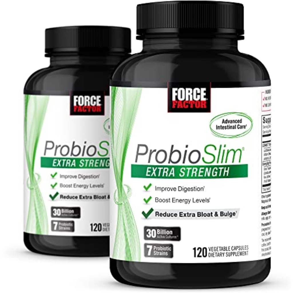 Force Factor ProbioSlim Extra Strength, Probiootti Supplement naisille ja miehille 30 miljardia PMY:tä ja Green Tea Extract Gut Health Support, Bloating and Gas Relief, 120 Count (Pack of 2)