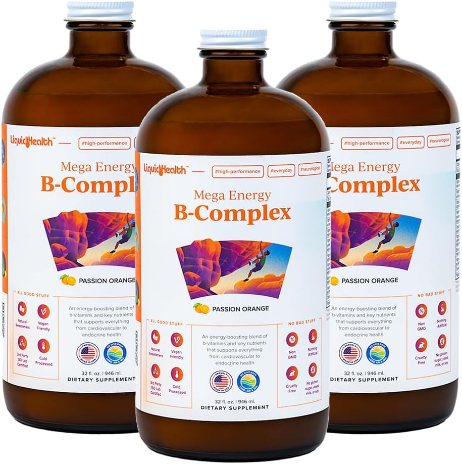 LIQUIDHEALTH Mega Energy Methylated B-Complex, Adult Liquid Vitamin Supplement - Öka energi, Relieve Stress & Fatigue, Immune Support, Heart & Gut Health - Made in USA, Vegan, Sugar-Free (3 Pack)