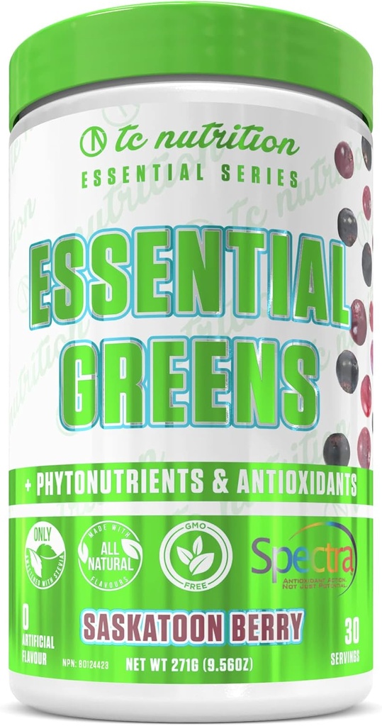 Essential Greens Powder | Optimize Health + Energy | Spectra, Organic Matcha, Spirulina, More | Probiotika & Digestion Support, Antioxidanter | Stevia Sweetened, Saskatoon Berry,30 Serv, Non-GMO, Vegan
