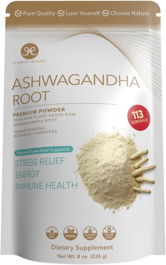 Ashwagandha Root Powder | Organic Adaptogen | 8 oz (113 portioner) | 2 Gram per portion | Ayurvedic Stress Support & Energy Booster | Non-GMO, Vegan, Gluten-Free